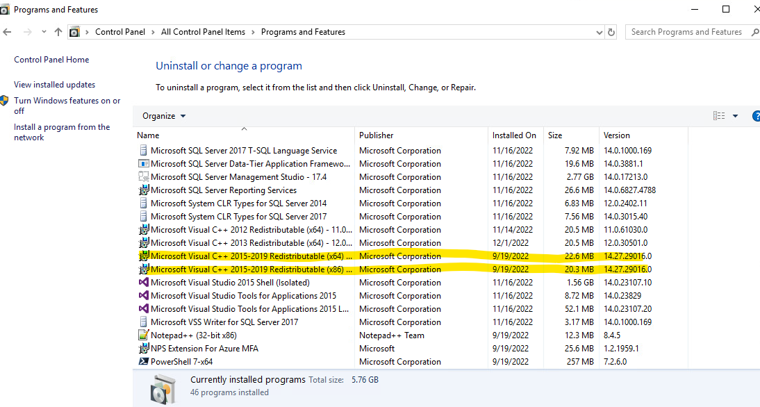 VC++ Redist 2019 installed on Server VM